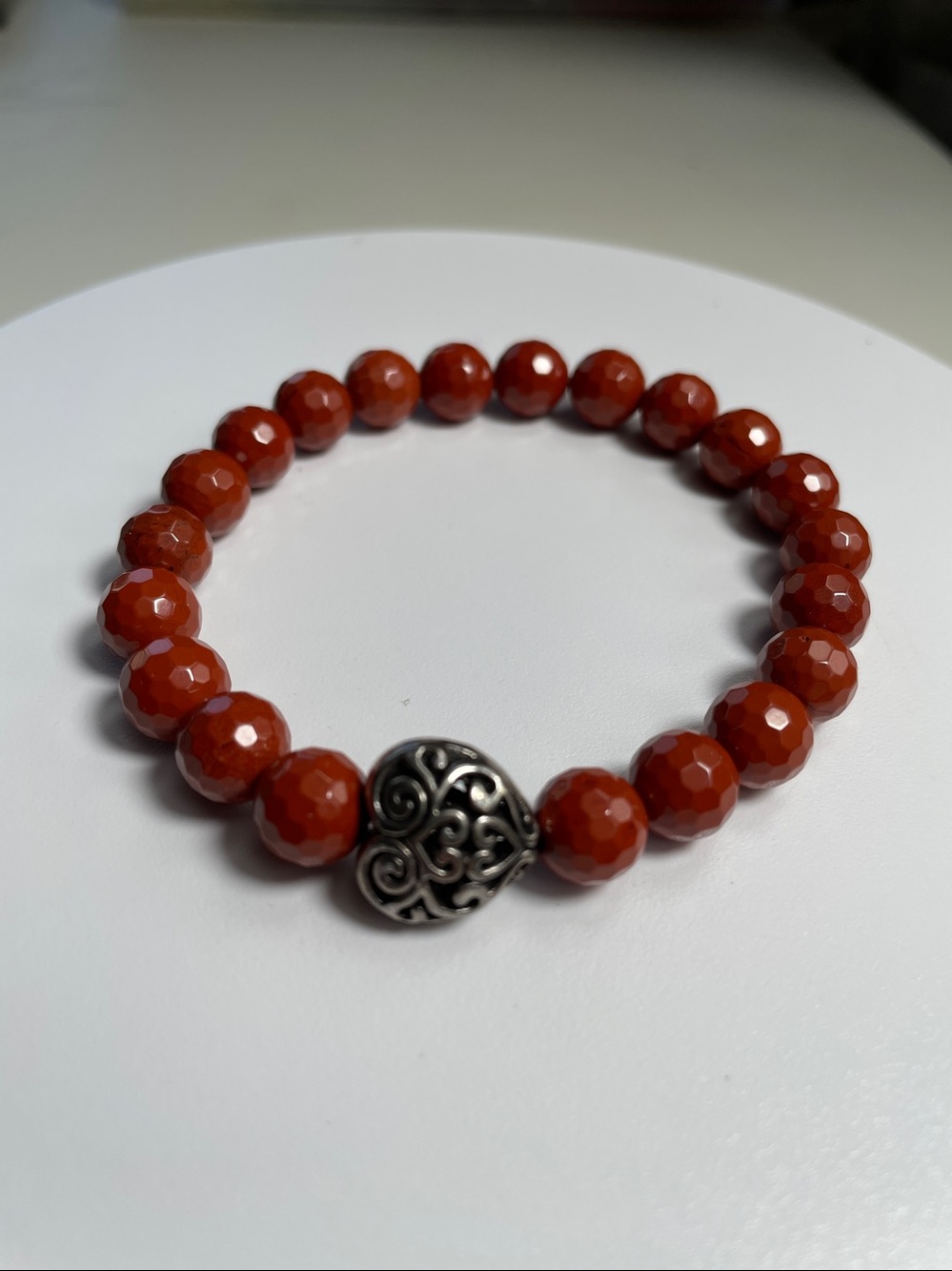 Faceted Red Jasper Stretch  Bracelet - Brick Red Natural Stone with Silver Heart